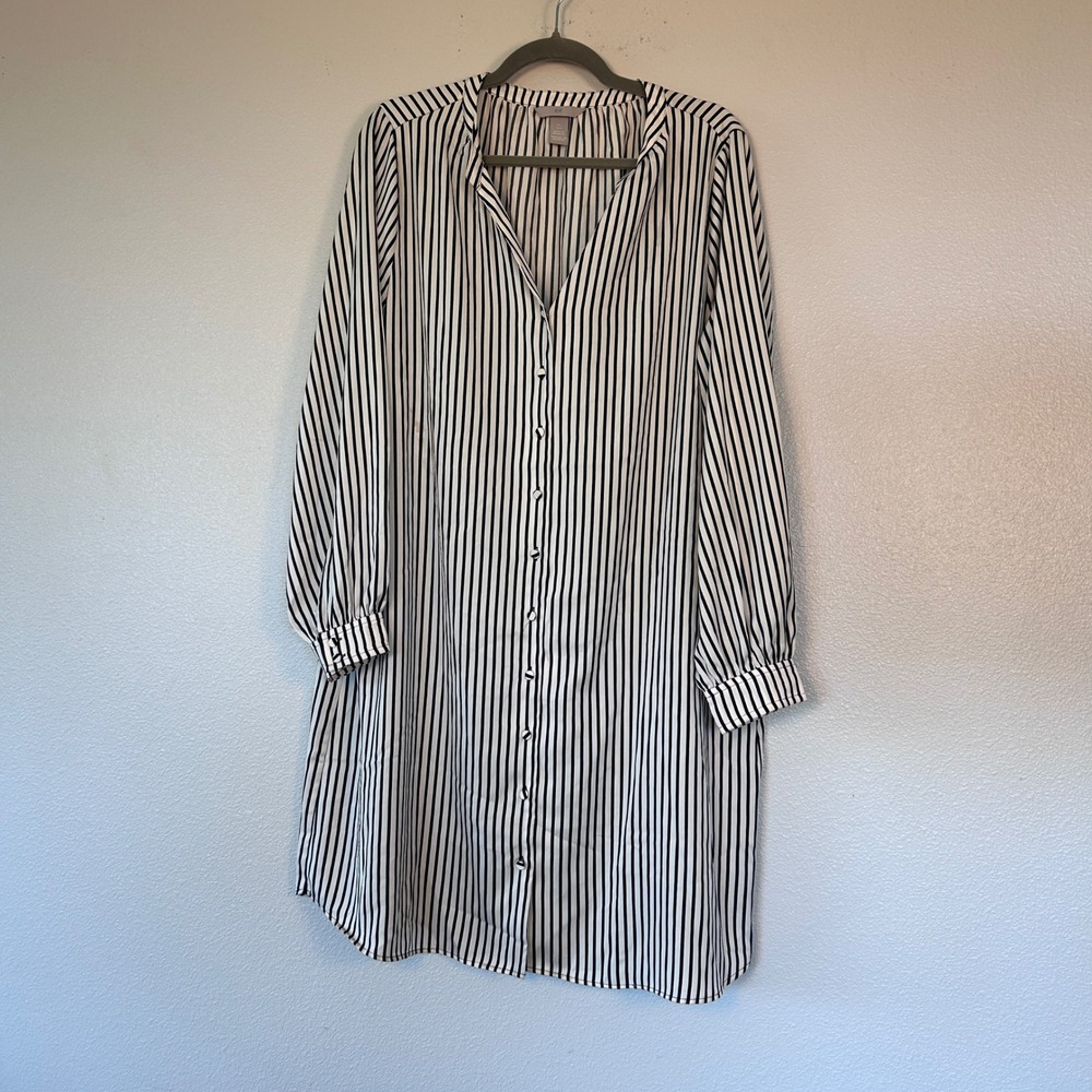 H&M Womens Black White Striped Button Front Long Sleeve Shirt Dress Large